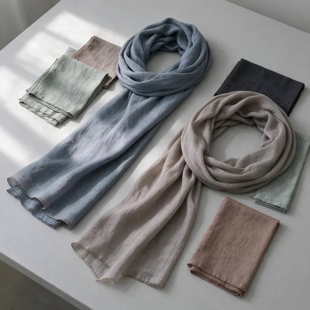 Plain scarves and blank fabric swatches arranged on a plain table, seen from above