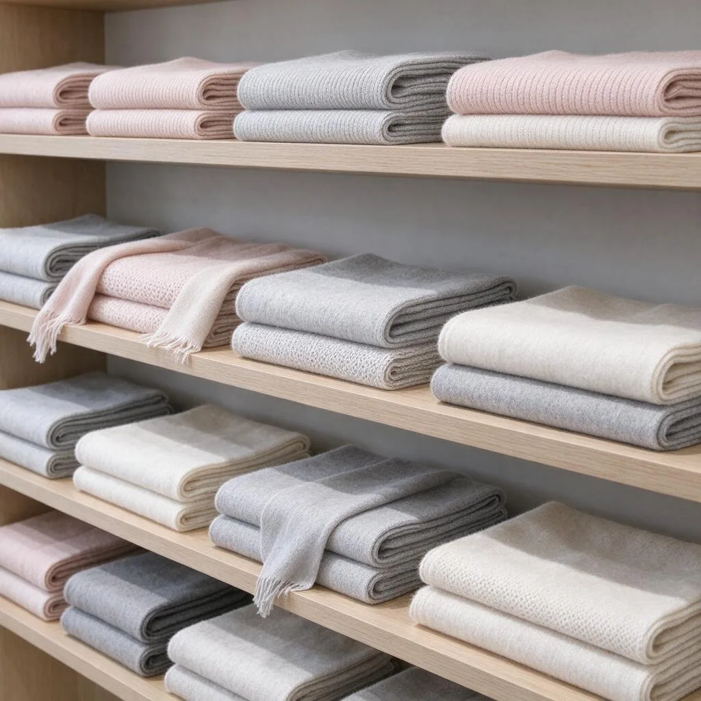 Folded shawls arranged on plain wooden shelves