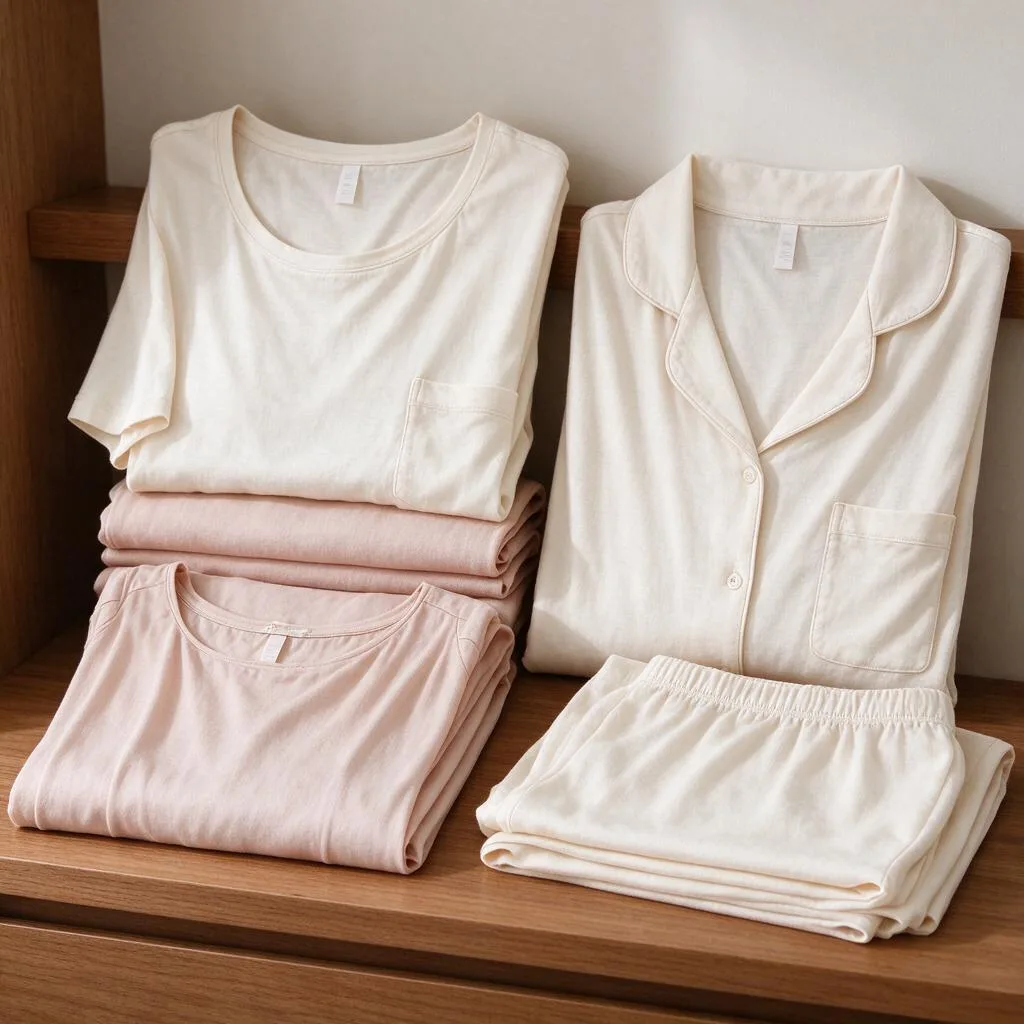 Peças de roupa de dormir lisas e dobradas dispostas numa prateleira de madeira