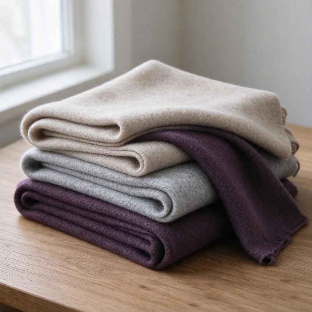 Folded wraps stacked on a plain wooden table
