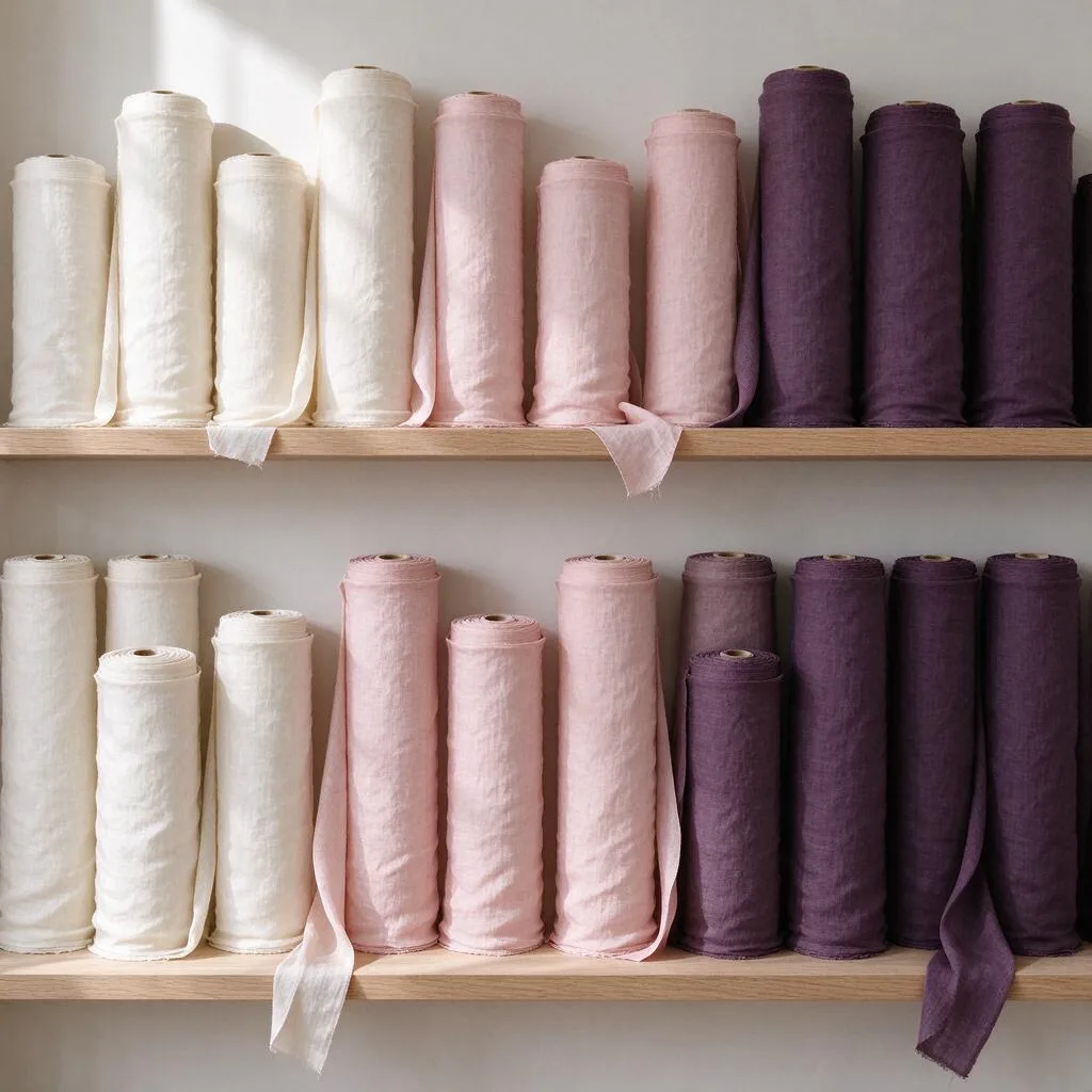 Rolls of plain fabric standing on plain wooden shelves