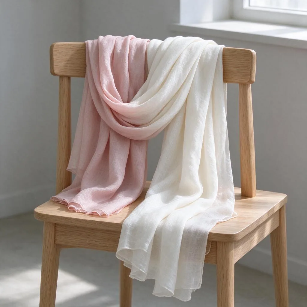 Scarves draped over the back of a plain wooden chair