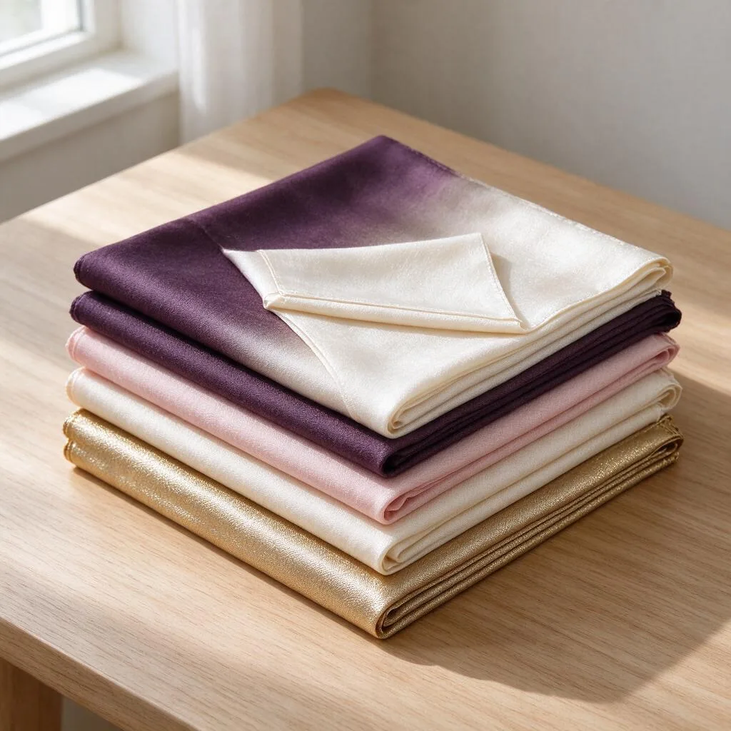 Une pile nette de foulards pliés sur une table en bois simple